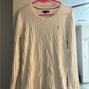 Tommy Hilfiger White Cable Knit Sweater with Red Trim